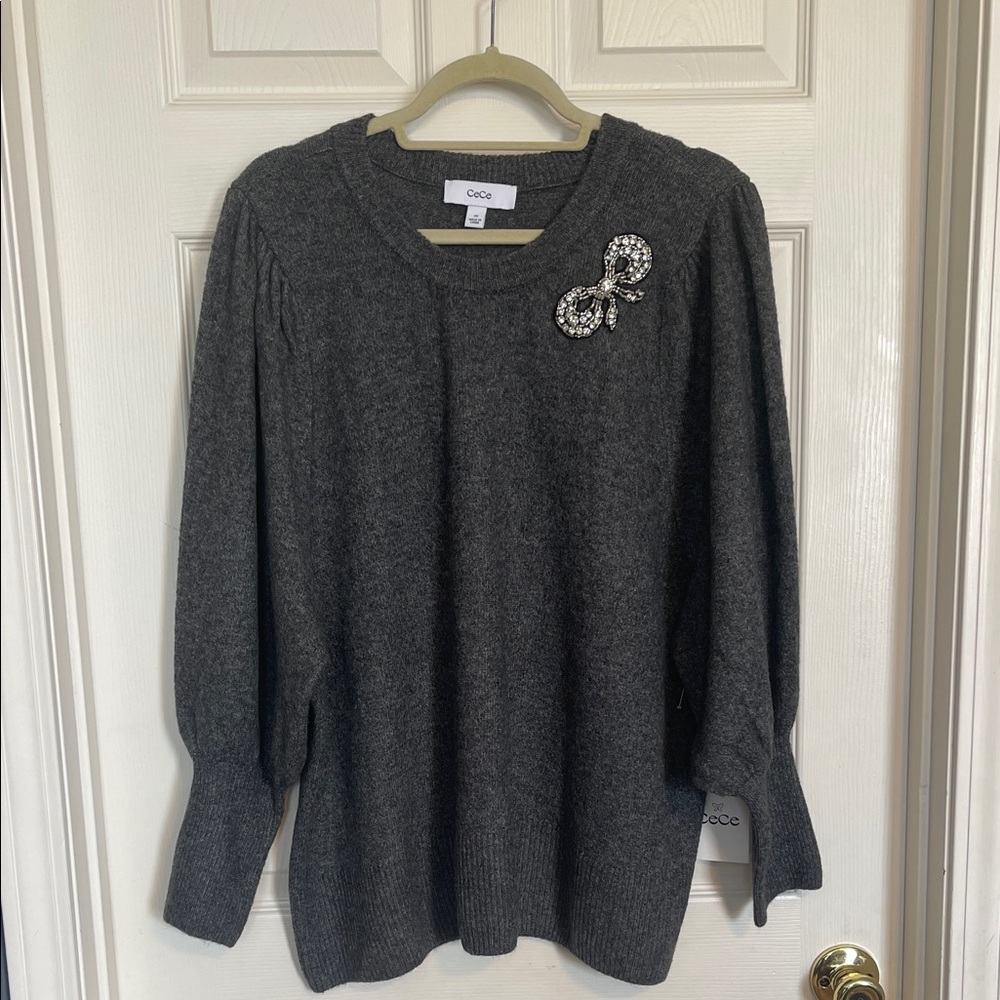 CeCe Charcoal Knit Top with Sparkling Bow NWT